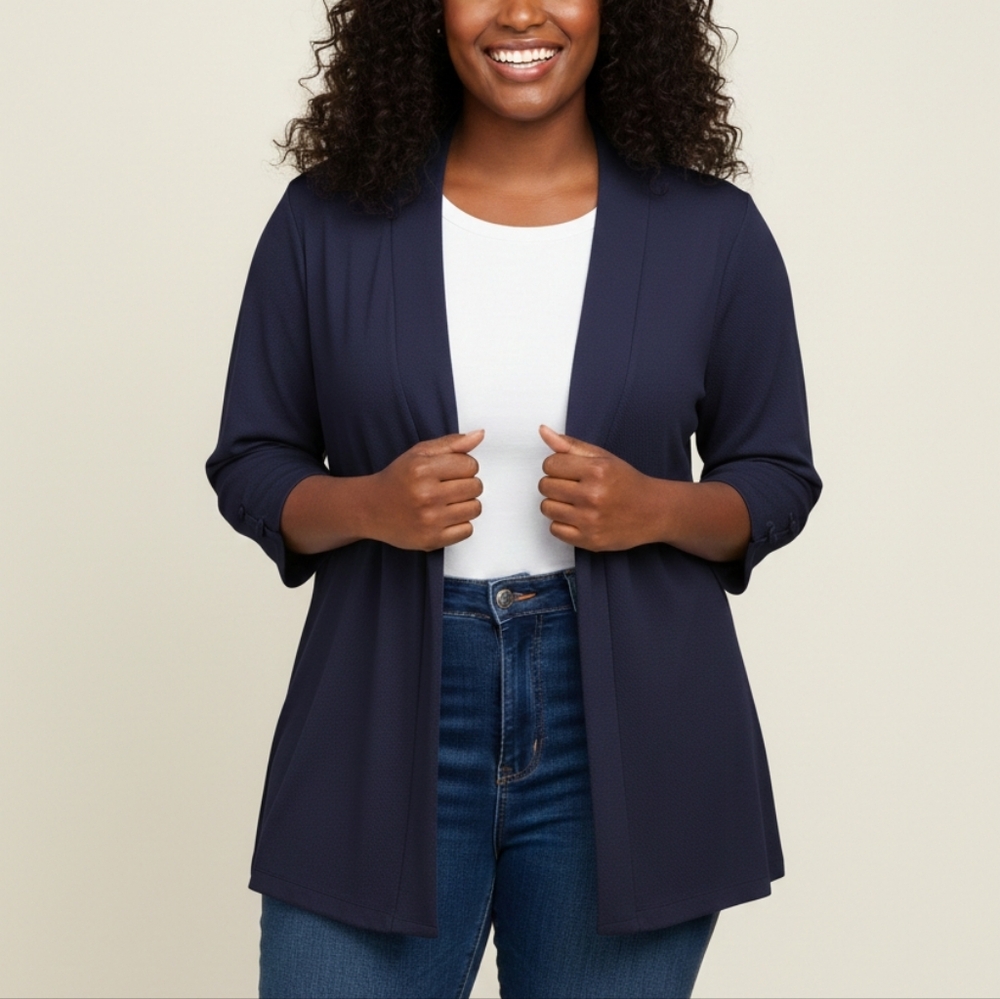 Avenue Plus Size Elegant Blue Open Cardigan